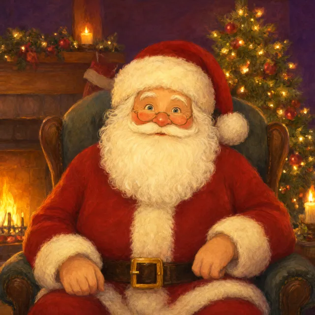 Babbo Natale seduto vicino al camino che sorride
