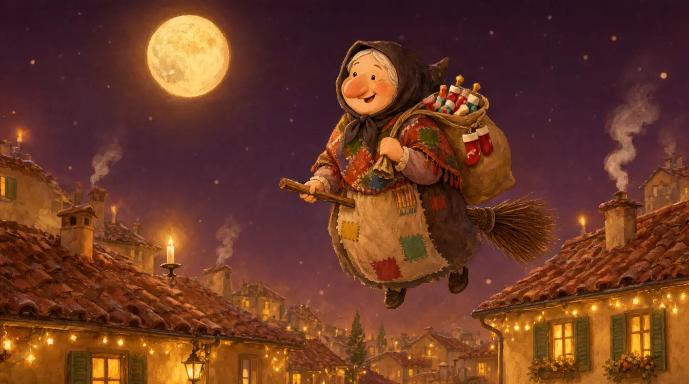 La Befana sulla scopa sopra i tetti con il sacco dei dolci