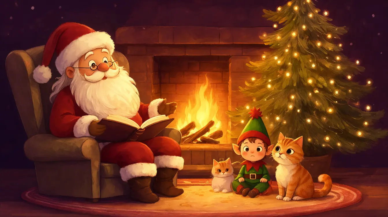 Babbo Natale in poltrona accanto al camino che racconta una storia, con un elfo e un gatto sul tappeto