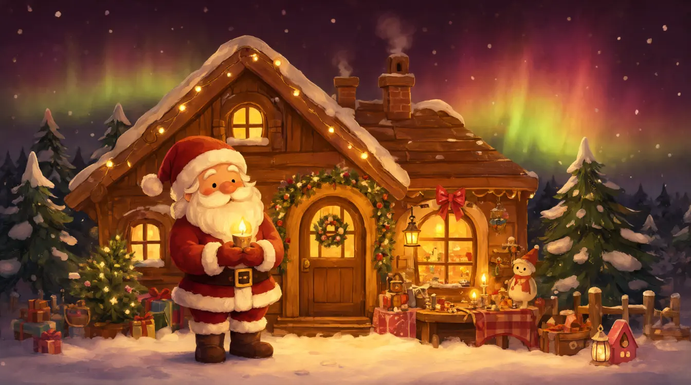 La casa di Babbo Natale al Polo Nord di notte, con il laboratorio illuminato e l'aurora boreale