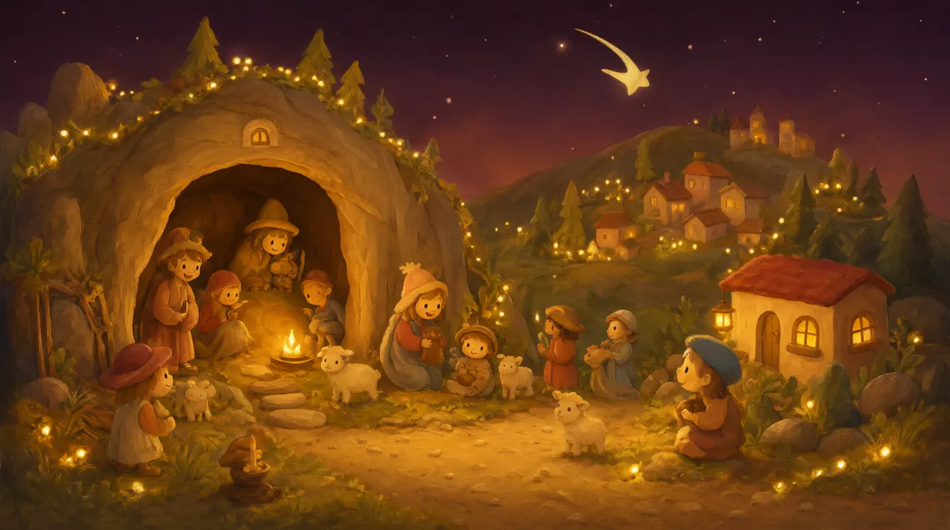 Un presepe napoletano con la grotta, i pastori, le pecorelle e la stella cometa