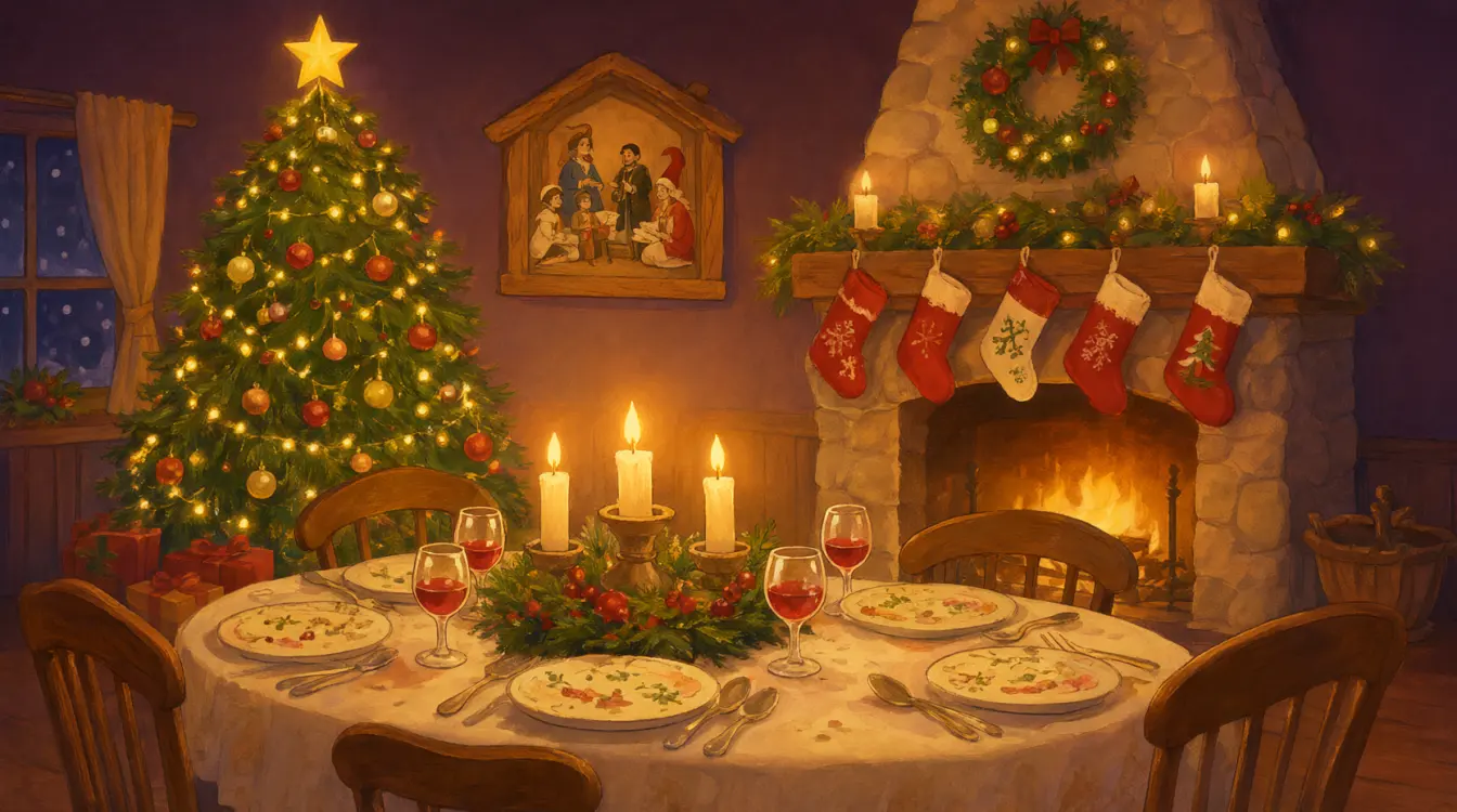 Un soggiorno italiano a Natale con l'albero, il presepe, le calze appese al camino e la tavola apparecchiata