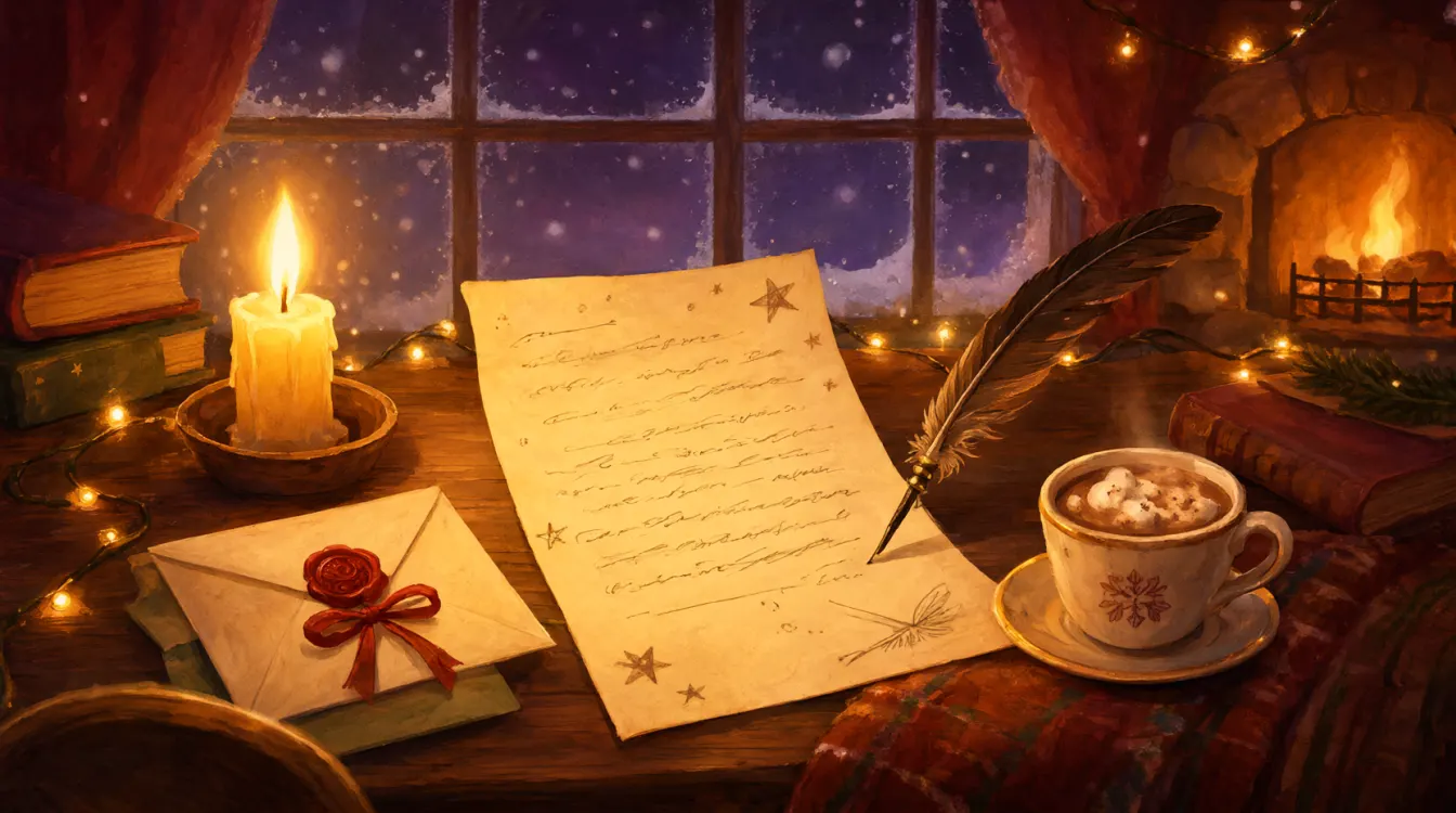 La scrivania di Babbo Natale con le letterine e una candela accesa
