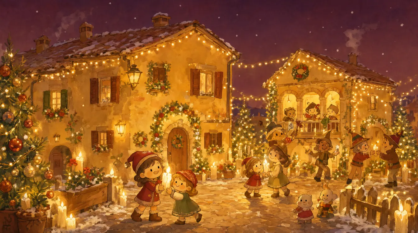 Candele a Candelara a Natale, con le luci, gli addobbi e la neve