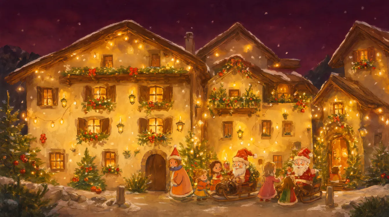 La Casa Bergamasca di Babbo Natale a Natale, con le luci, gli addobbi e la neve