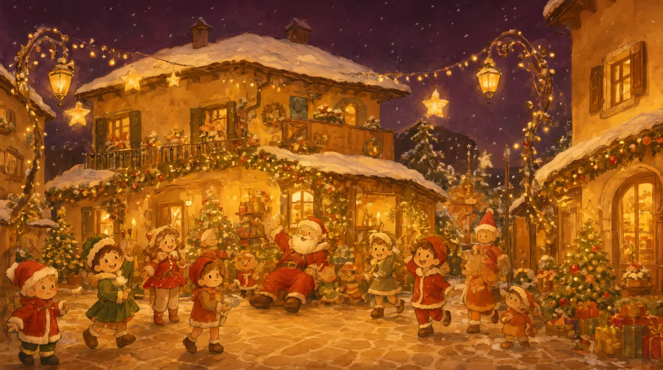 Casa di Babbo Natale di Riva del Garda a Natale, con le luci, gli addobbi e la neve