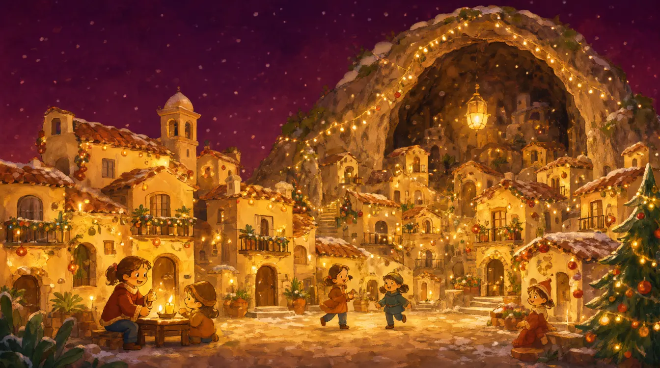 Custonaci, il presepe vivente nella Grotta Mangiapane a Natale, con le luci, gli addobbi e la neve