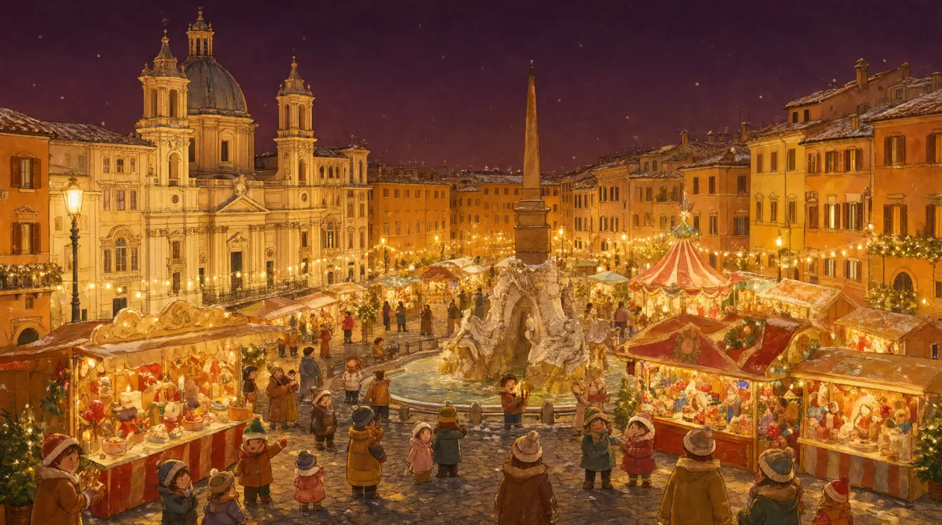 Festa di Piazza Navona (Festa della Befana) a Natale, con le luci, gli addobbi e la neve