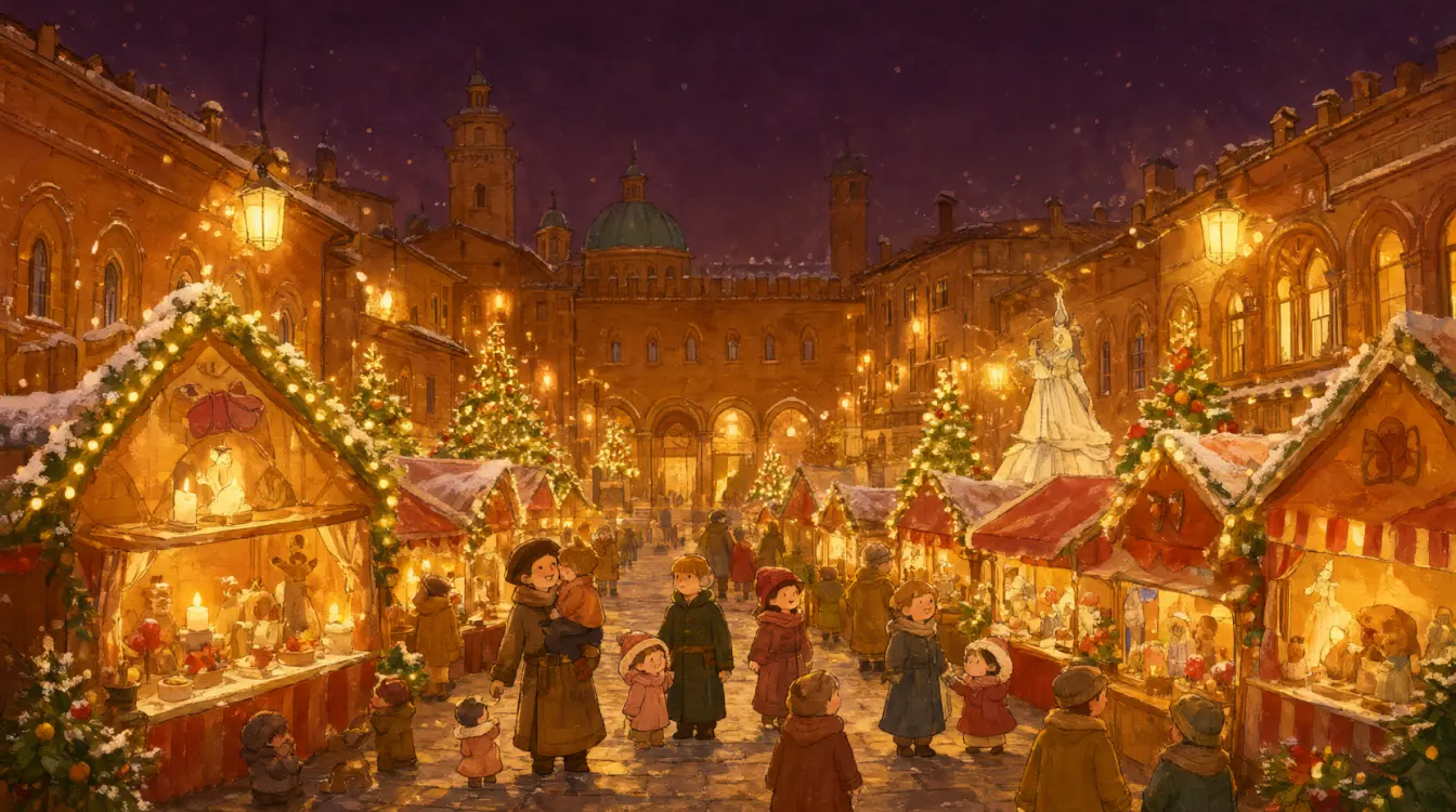 Antica Fiera di Santa Lucia a Natale, con le luci, gli addobbi e la neve
