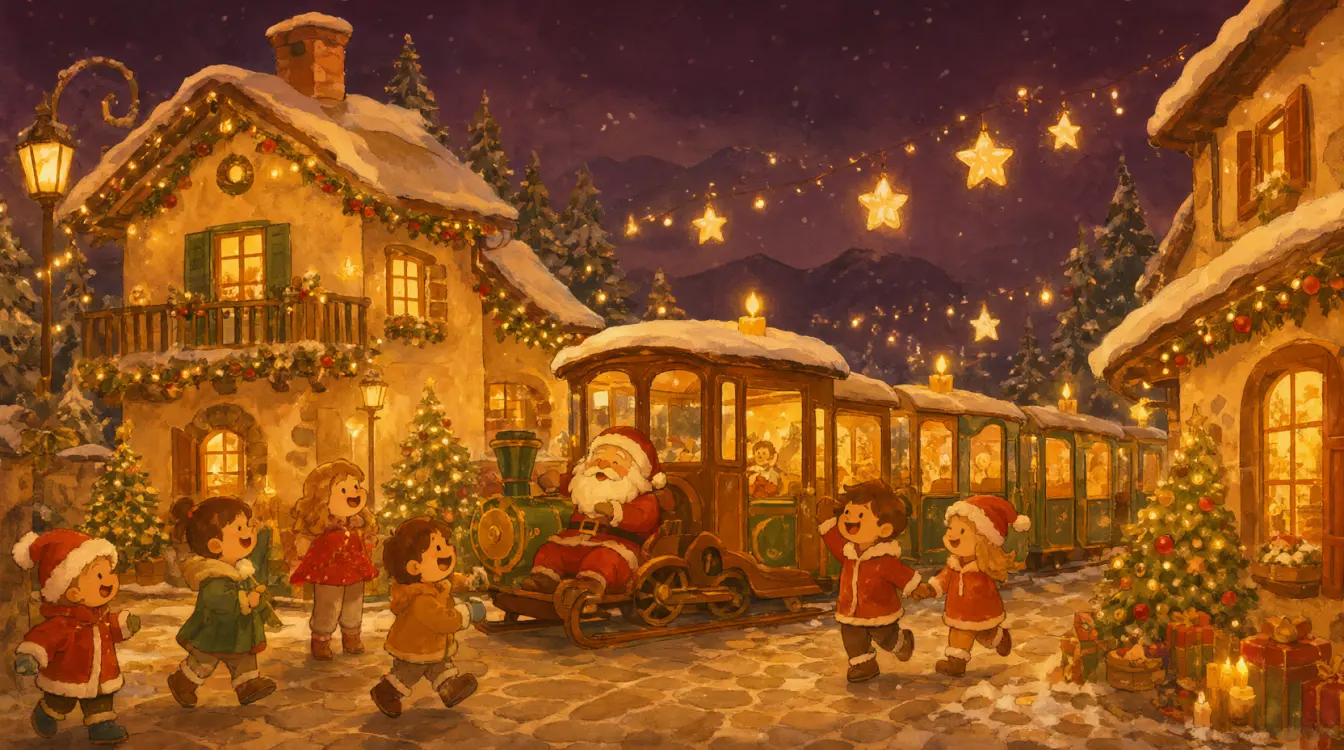 Grotta di Babbo Natale a Natale, con le luci, gli addobbi e la neve