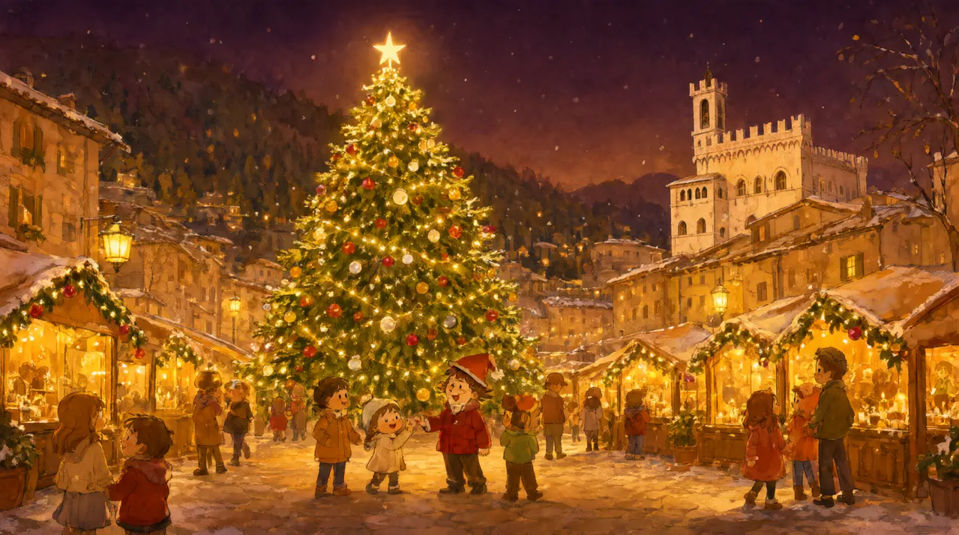 Gubbio, la città dell'albero più grande del mondo a Natale, con le luci, gli addobbi e la neve