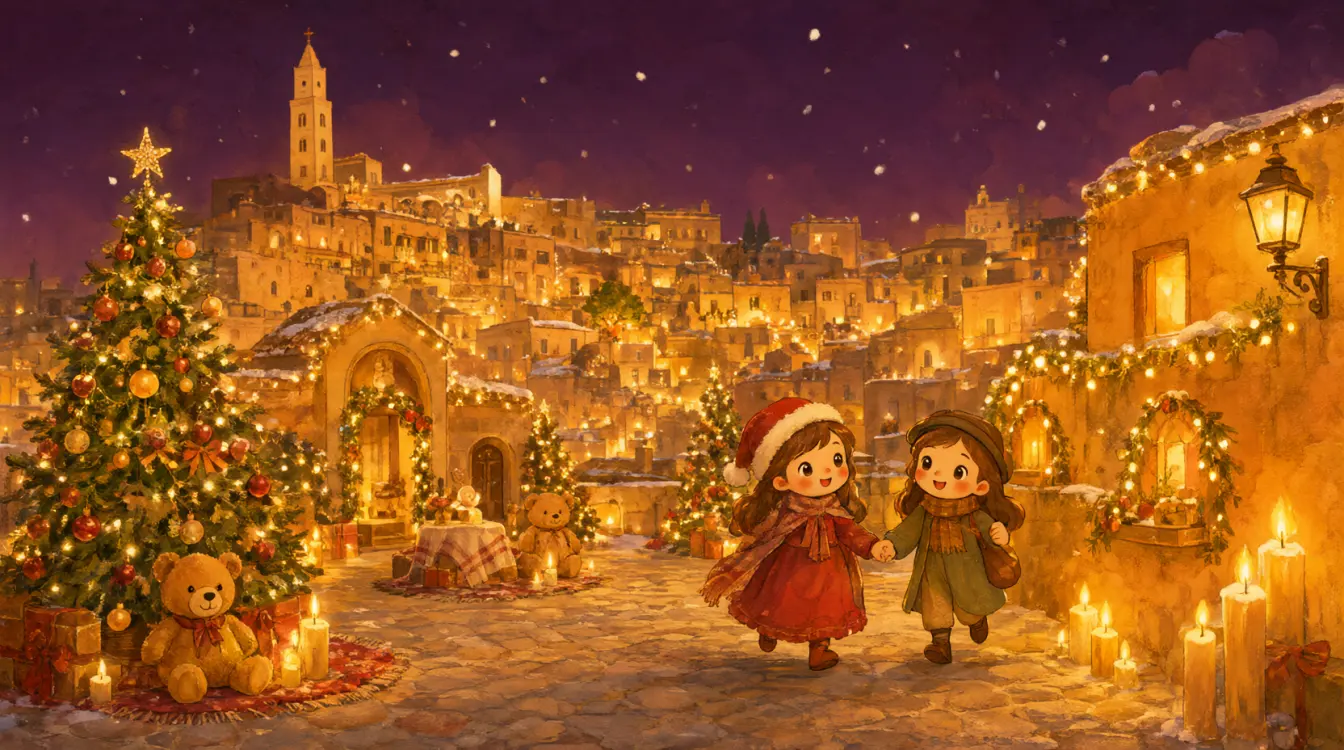 Matera, il presepe vivente nei Sassi a Natale, con le luci, gli addobbi e la neve