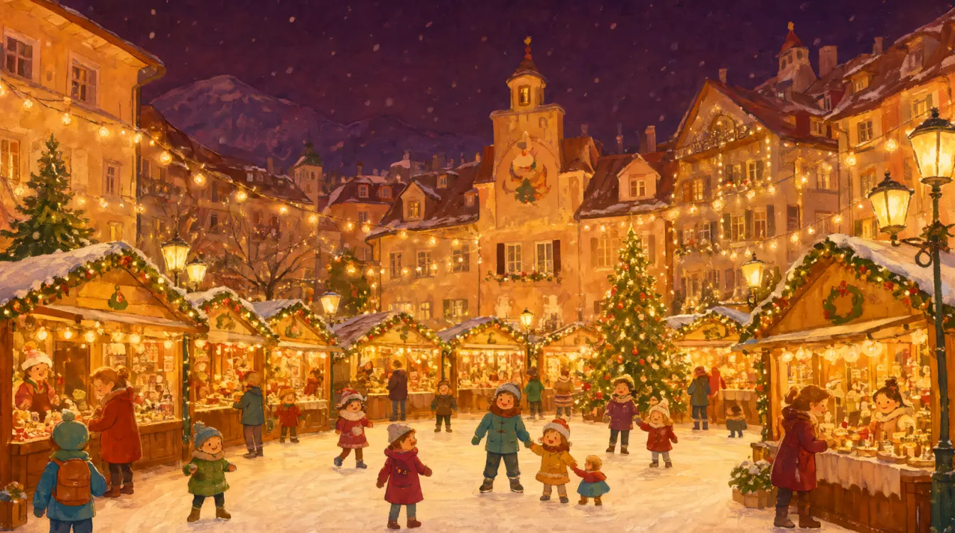 Mercatini di Natale di Merano a Natale, con le luci, gli addobbi e la neve