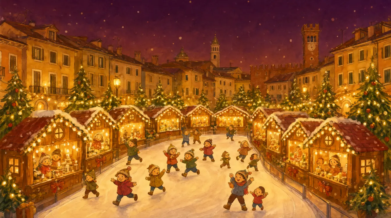 Mercatini di Natale di Verona (Christkindlmarkt con Norimberga) a Natale, con le luci, gli addobbi e la neve