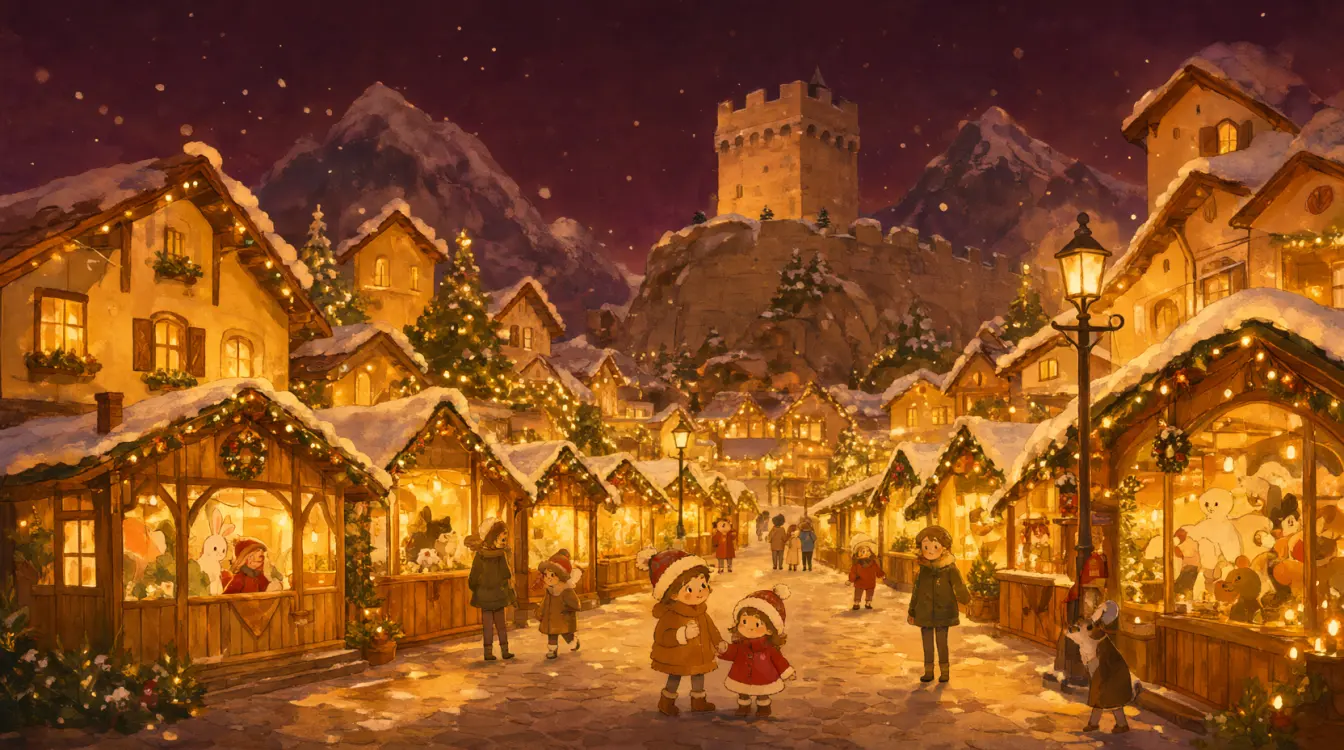 Mercatino di Natale di Arco a Natale, con le luci, gli addobbi e la neve