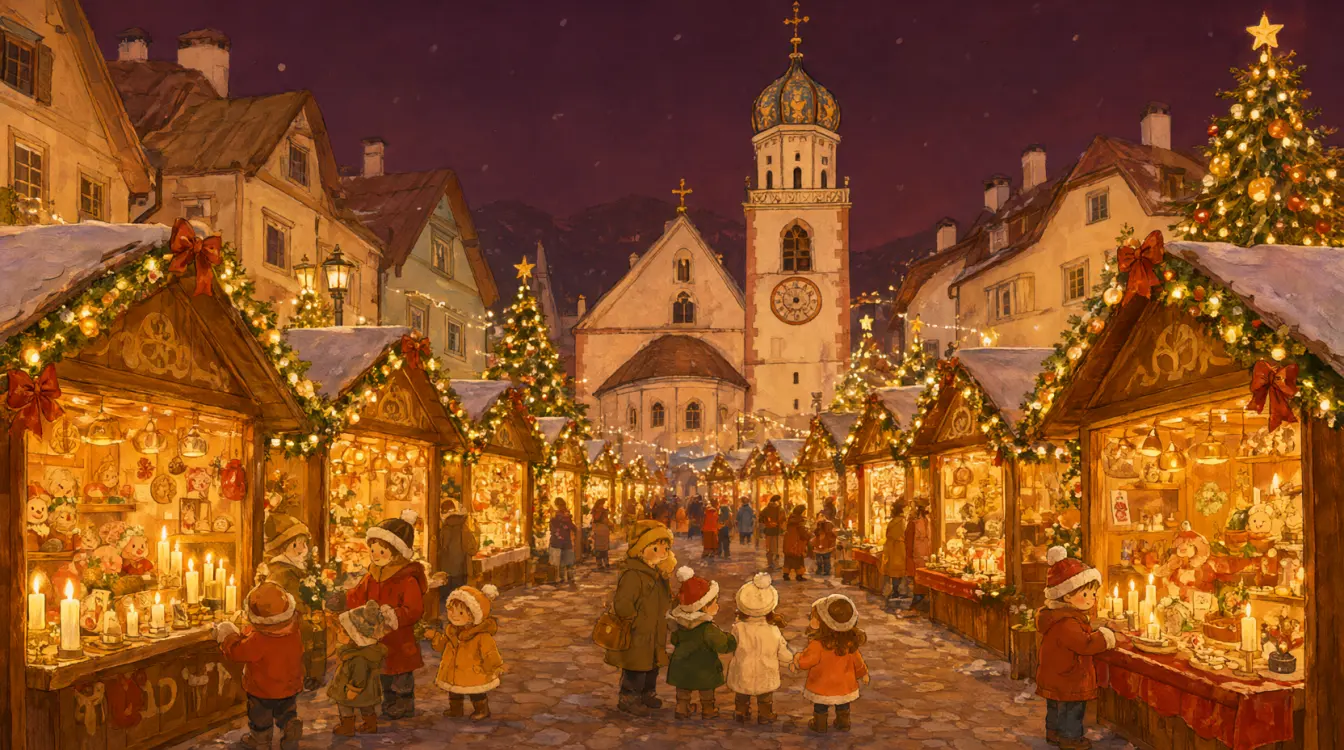 Mercatino di Natale di Bressanone a Natale, con le luci, gli addobbi e la neve