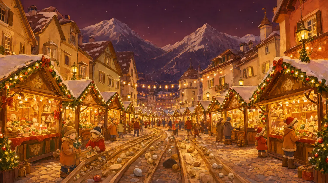 Mercatino di Natale di Brunico a Natale, con le luci, gli addobbi e la neve
