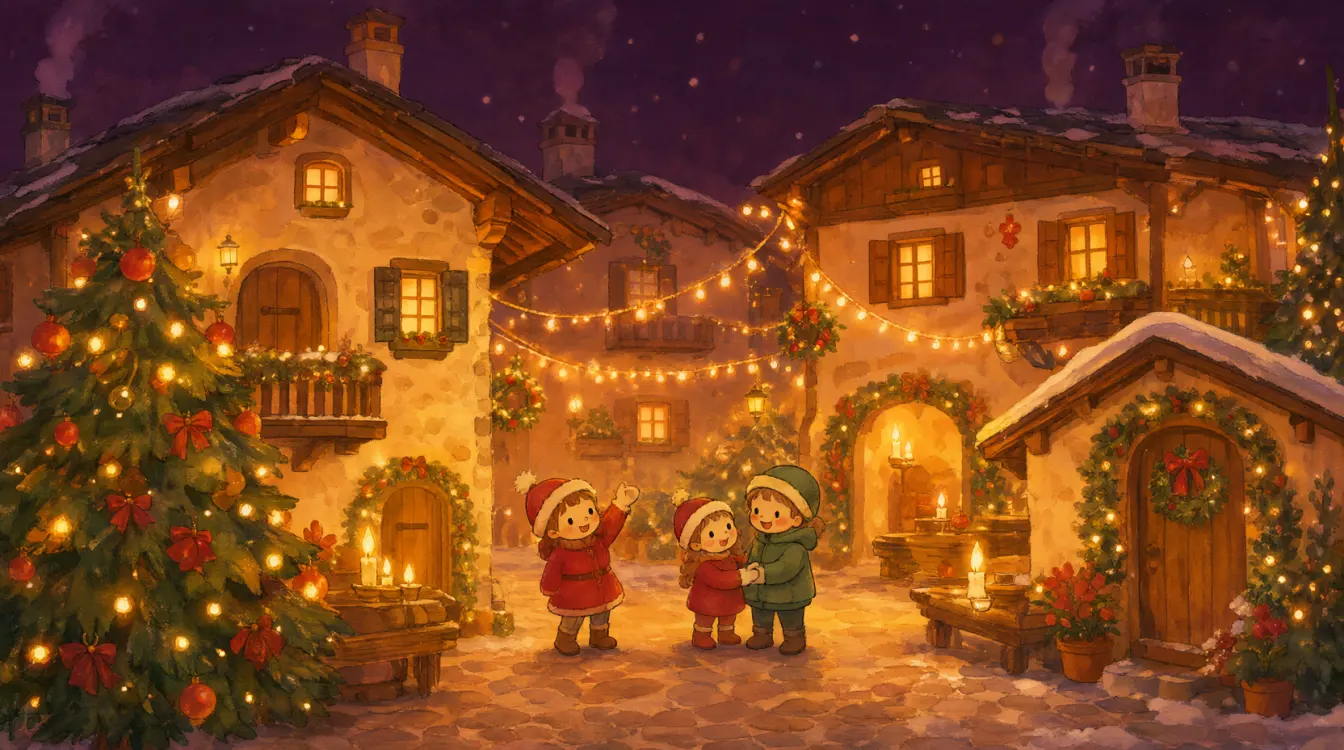 Mercatino di Natale di Rango a Natale, con le luci, gli addobbi e la neve