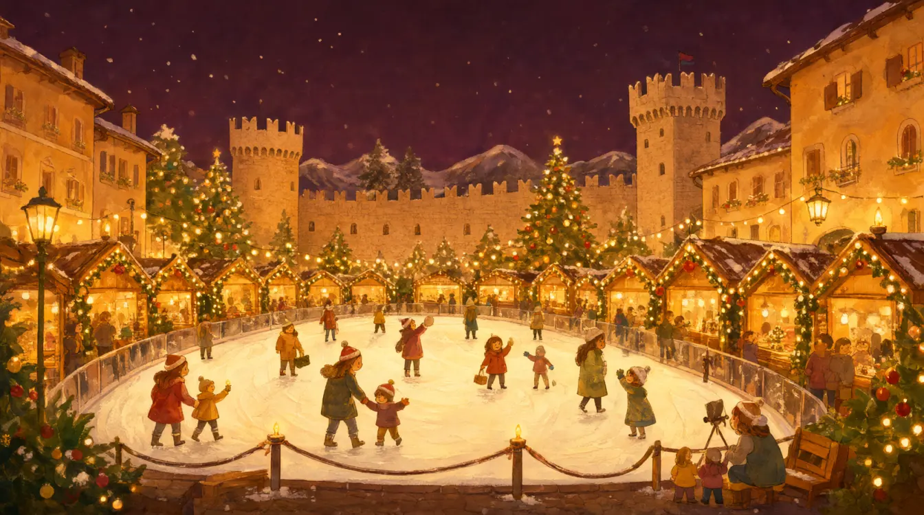 Mercatino di Natale di Trento a Natale, con le luci, gli addobbi e la neve