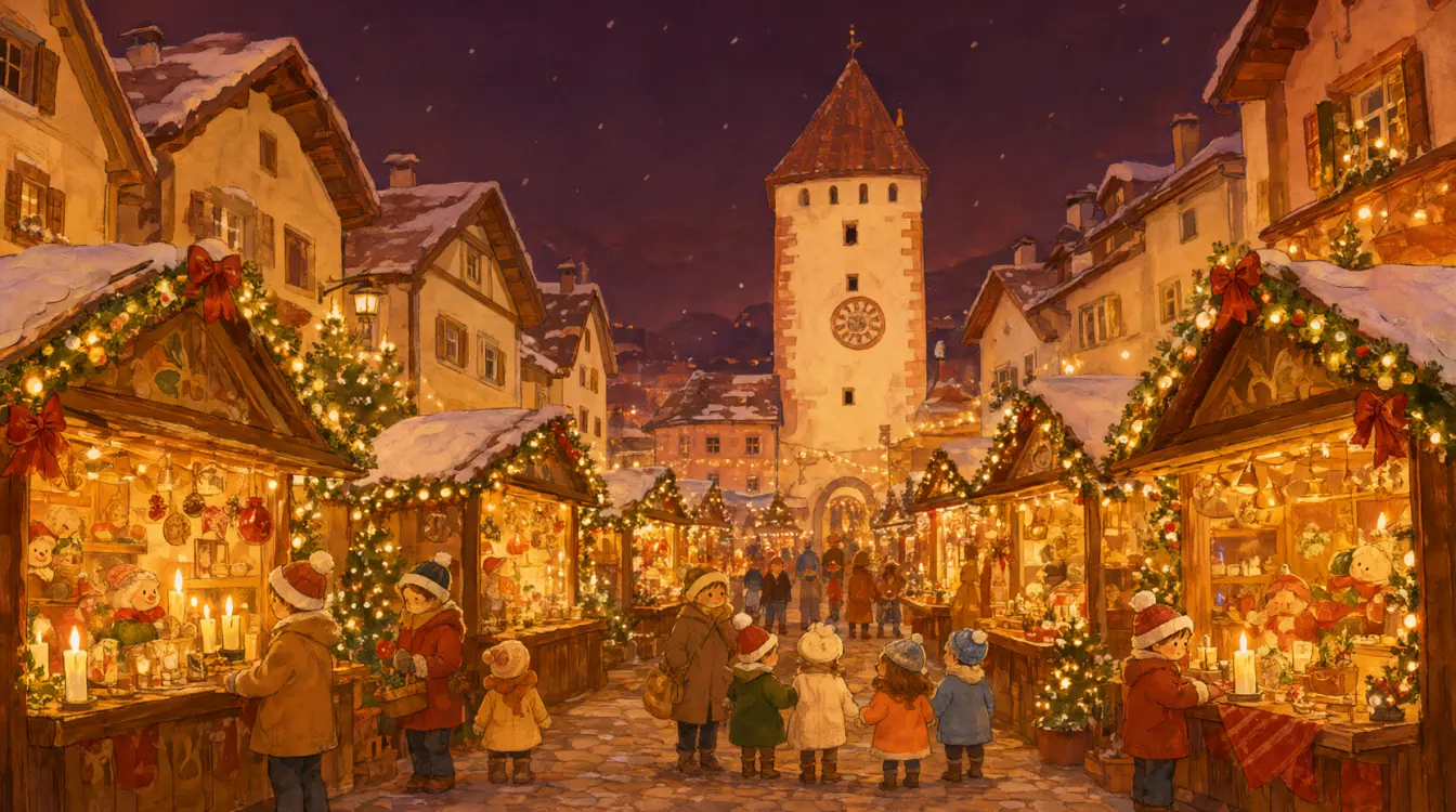 Mercatino di Natale di Vipiteno a Natale, con le luci, gli addobbi e la neve