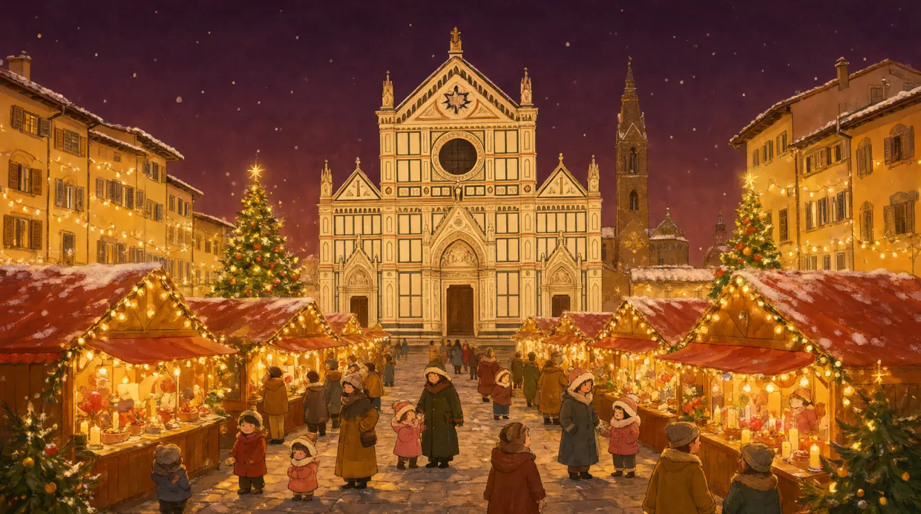 Weihnachtsmarkt - Mercato di Natale in Piazza Santa Croce a Natale, con le luci, gli addobbi e la neve