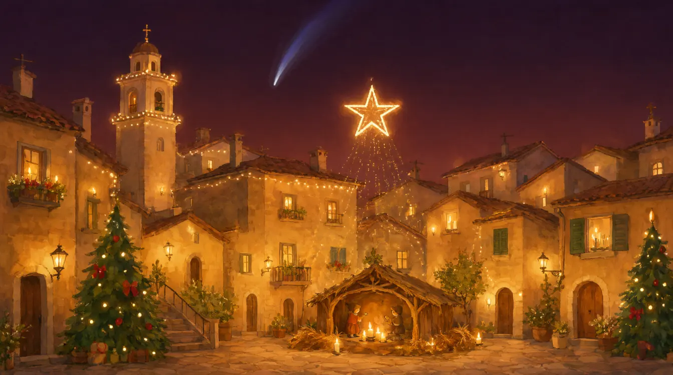 Un borgo italiano di notte con l'albero di luci sulla collina, il presepe e le strade illuminate