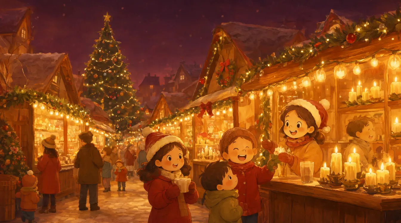 Una piazza innevata con le casette di legno del mercatino, le luci appese e i bambini con la cioccolata calda