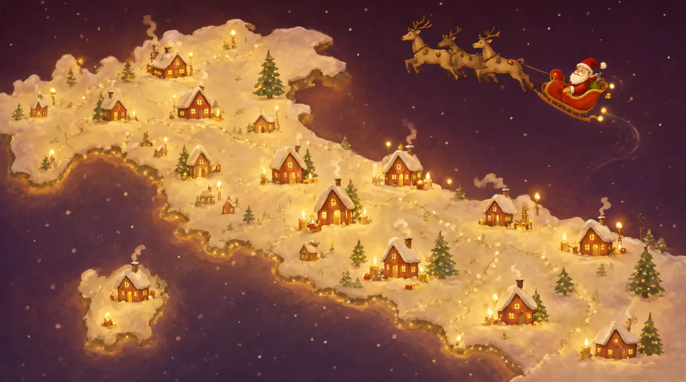 Una cartina dell'Italia innevata con le casette dei villaggi di Babbo Natale e la slitta che vola sopra