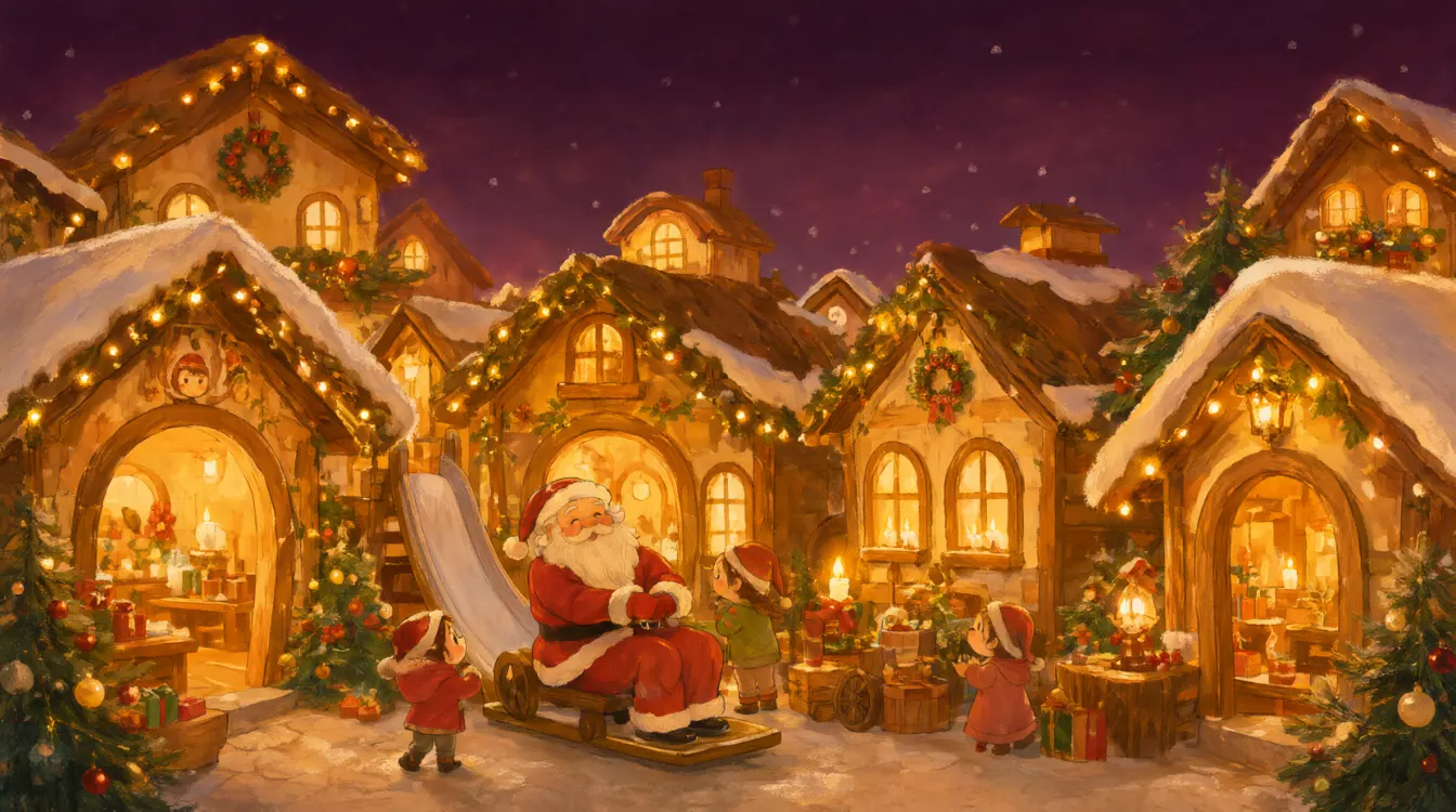 Villaggio Incantato di Babbo Natale a Natale, con le luci, gli addobbi e la neve
