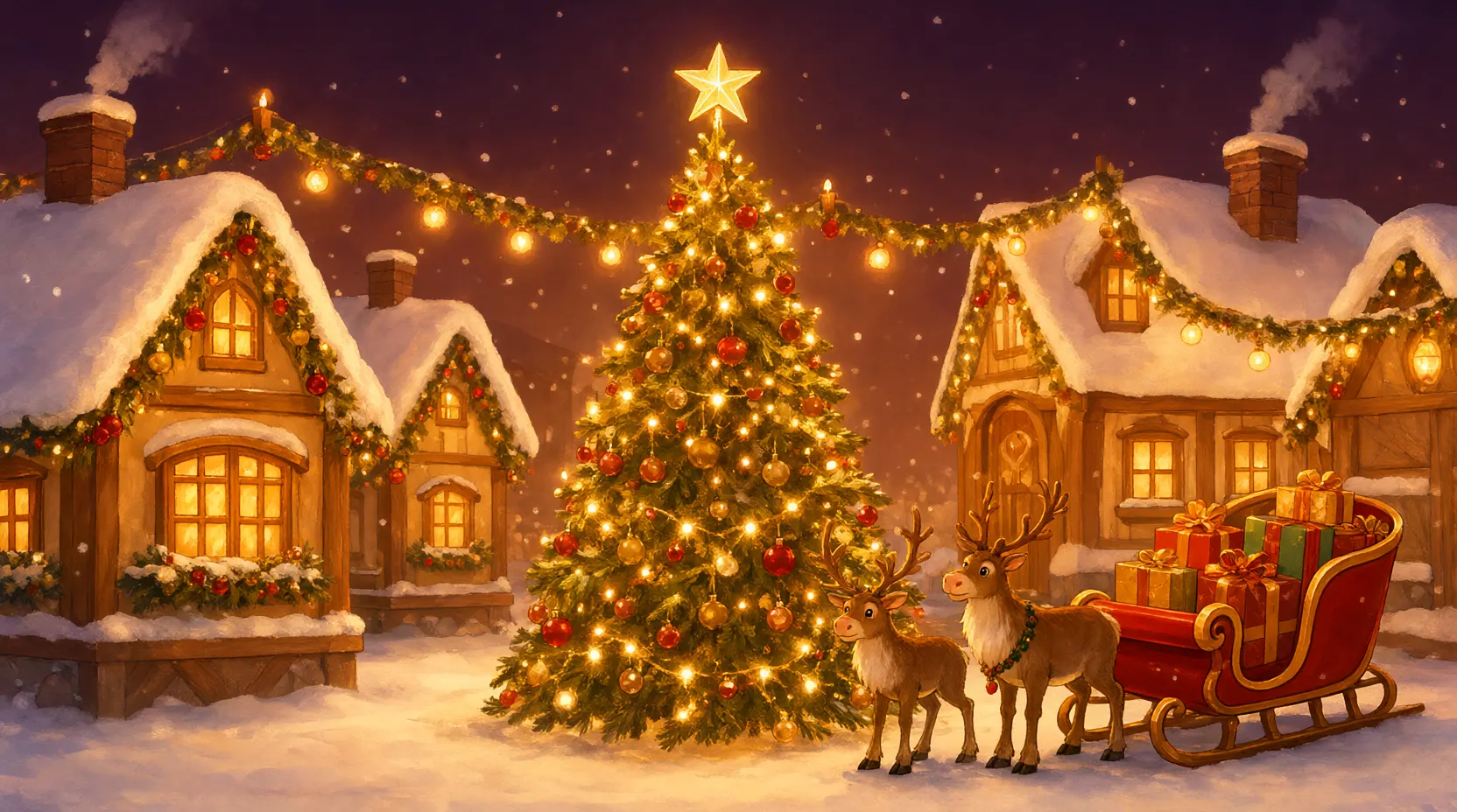 Il villaggio di Babbo Natale di notte, con l'albero pieno di luci e le casette illuminate